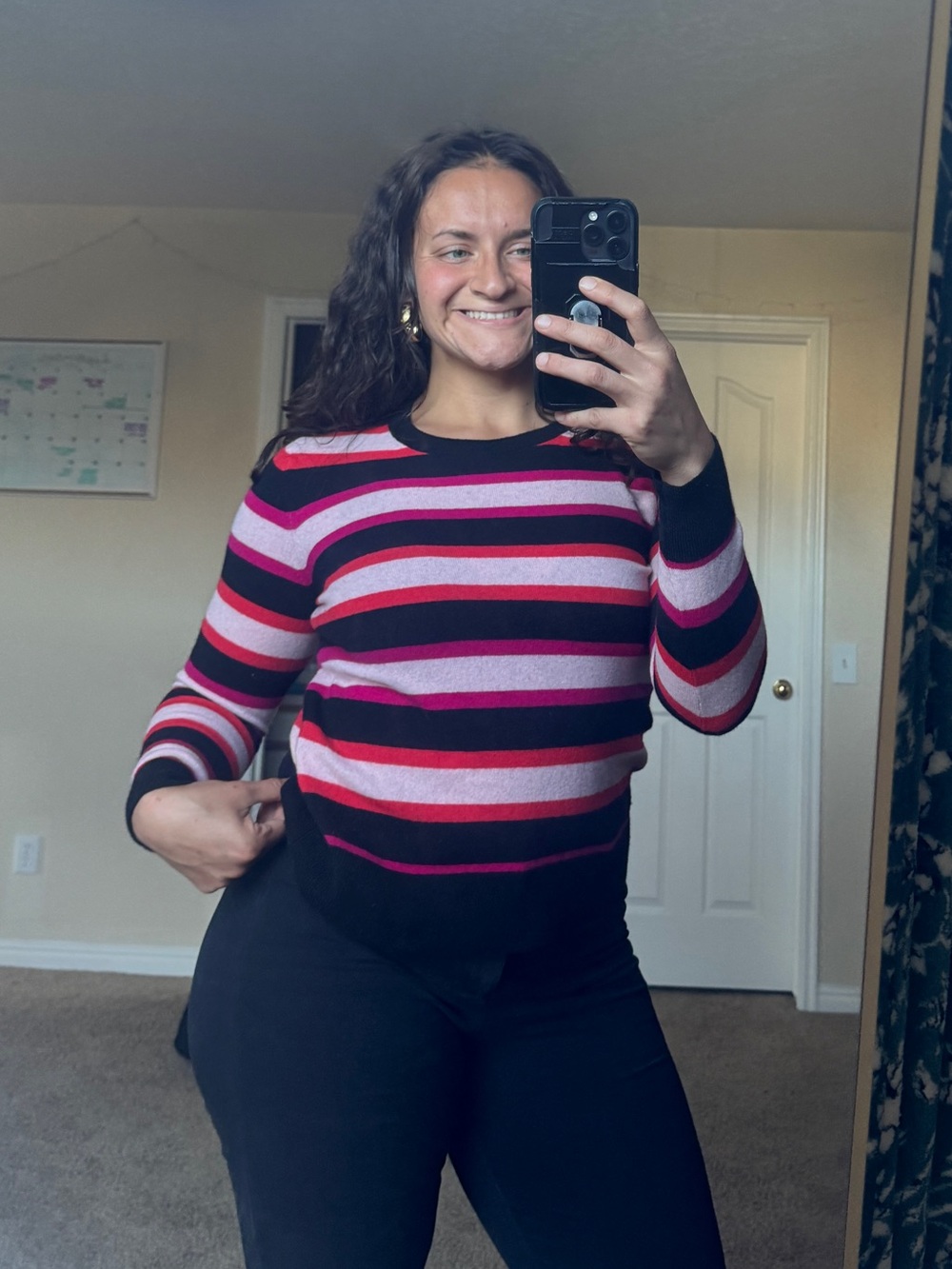 Striped Pink and Black merino wool Crewneck Sweater